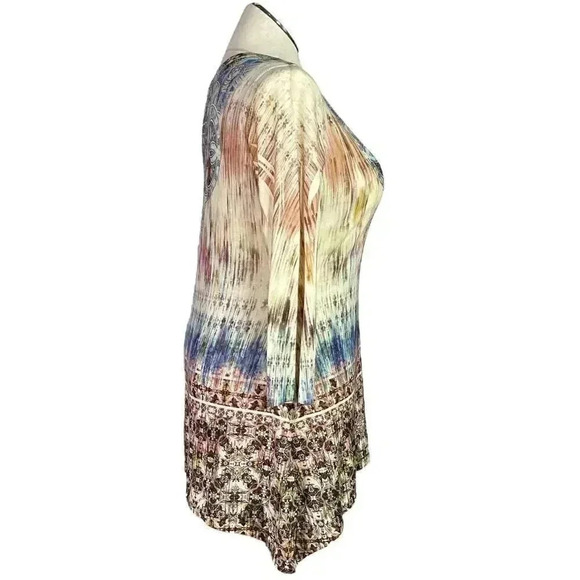 One World Women XL Studded Sharkbite Geometric Top Blue Multicolor 3/4 Sleeves - Picture 4 of 11